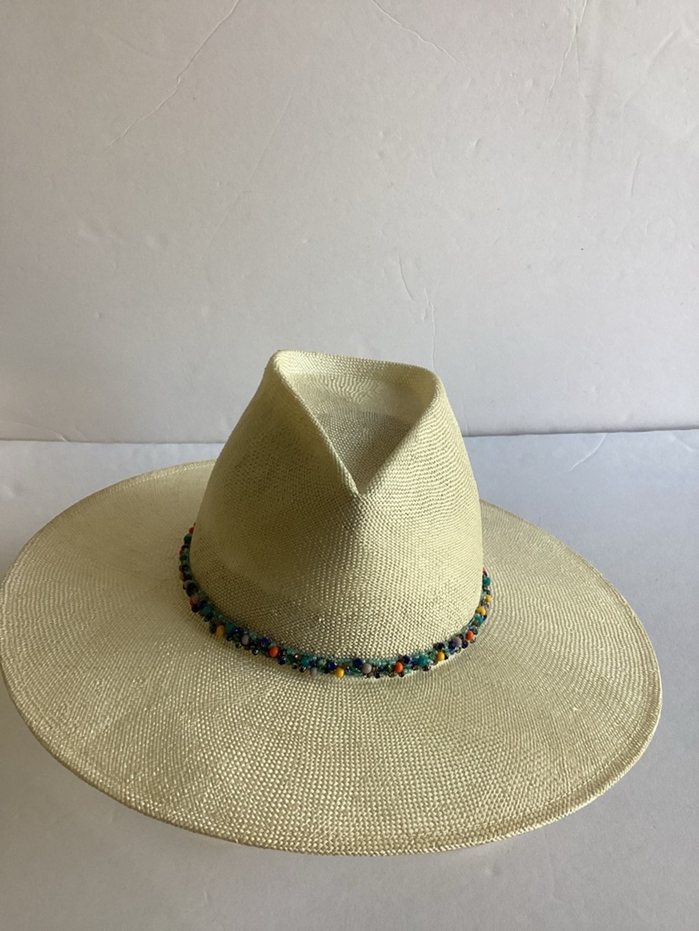 Eugenia Kim Wide Brim Straw Fedora Hat Beaded Band Resort Coastal Chic - Picture 2 of 15